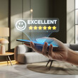 © Nimra - Hand holding smartphone with holographic 'EXCELLENT' and five stars — customer rating, five-star review and augmented reality feedback concept