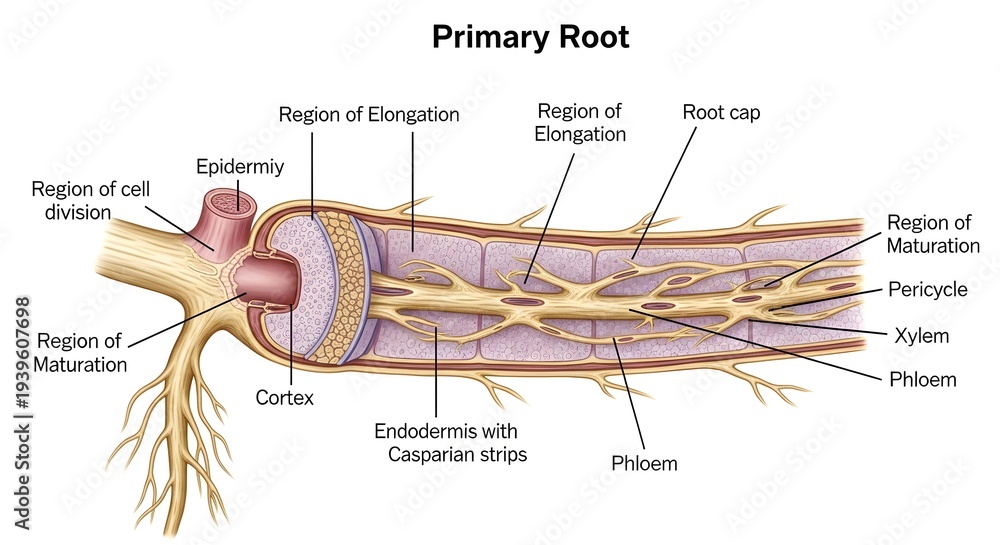 Color longitudinal diagram of a primary root tip showing root cap ...