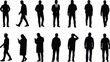 ©  anatomy bodybuildin - Silhouette people walking, standing, using phone, adjusting hair, casual clothing, business attire, human posture, motion analysis, character modeling, design