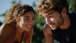 © AnastasiiaRozhmanova - Couple motivating each other during an early morning outdoor circuit training weight loss session in a park, perfect for partner weight loss motivation concept, couples fitness, shared health