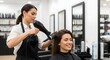 © StockbyJu - Hairdresser drying hair for happy client in modern salon, professional styling service