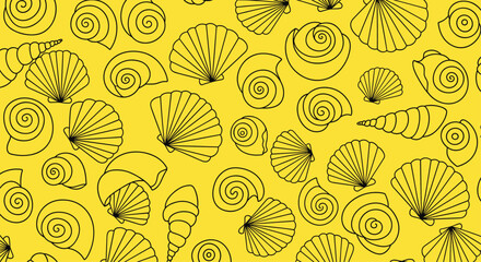 Naklejka na meble Detailed black line art seamless pattern of various seashells scattered on a vibrant yellow background for summer.