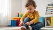 © El_design - Baby sitting on playroom floor tying shoelaces for parenting banner and early development background