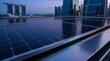 © Udin - Aerial view of modern rooftop solar panel grid on a cityscape roof, showcasing sustainable technology at dusk