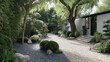 © Sampao - Serene Zen Garden Pathway with Lush Greenery, Stone Features, and Tranquil Atmosphere in Contemporary Design