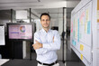 © fizkes - Confident of success. Proud middle adult business professional project manager marketer stand near agile scrum whiteboard with developed strategy roadmap look at camera satisfied with planning result