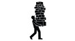 © Saif - Black silhouette of a person wearing a cap struggling to carefully carry an overwhelming and precarious stack of many delivery boxes.