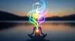 © Raj - Human silhouette meditating in lotus position at sunset with glowing battery icon and energy swirls representing spiritual recharging mental health vitality zen lifestyle and inner power renewal