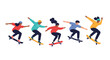 © Salah - Energetic illustration showcasing a diverse group of young men and women actively skateboarding and performing tricks.