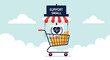 © John - Support small business concept with a market stall graphic inside a shopping cart set against a blue sky with fluffy white clouds.