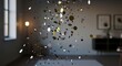 © Wave - A burst of gold and silver confetti floats through the modern living room interior with blurred furniture and soft lighting.