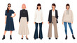 © Shamim - Group of five women wearing diverse casual and business casual outfits including skirts trousers shirts and a hoodie in neutral tones.