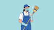 © Gias - Female cleaning professional in a blue cap and overalls wears a protective face mask while holding a traditional wooden broom.