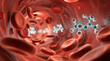 © Secrets inside - Red blood cells flowing through a blood vessel with molecular structures representing chemical compounds or biological molecules in a 3D rendered image