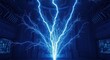 © Zumroatun - A powerful blue electrical discharge erupts from the floor in a dark, futuristic chamber, illuminating the metallic surroundings with intense energy.