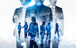 © ImageFlow - Silhouettes of business people blended with city buildings on bright background, modern graphic style, concept of market growth and future invest