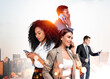 © ImageFlow - Group of business people using phones in creative double exposure style on bright city background, concept of communication and teamwork