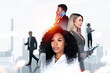 © ImageFlow - Business people in a creative montage with a light city skyline background showing concept of teamwork and leadership values