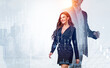 © ImageFlow - Two people in business attire with forex charts overlay on bright city backdrop, concept of market rise, investment future and exchange dynamics