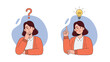 © Joele - Young woman character in two states representing confusion with a question mark and inspiration with a glowing light bulb.