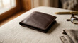 © PixelForma - A stylish brown leather wallet rests on a textured fabric surface next to eyeglasses and a pen, suggesting sophistication and organization