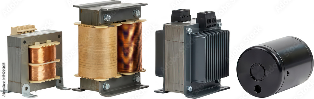 Four different types of electrical transformers including toroidal ...