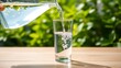 © Dilshan - Pouring fresh water from a pitcher into a glass on a wooden surface with a green leafy background