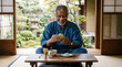 © peacefy - An elderly person gracefully prepares the traditional matcha, an emblem of a tranquil moment and cultural tradition, capturing the harmony of the spirit, culture, and nature.