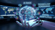 © sorariku - A conceptual editorial illustration presenting a robotic hand holding a visual metaphor of a global AI network in a futuristic control room, symbolizing technology dominance and the AI race.