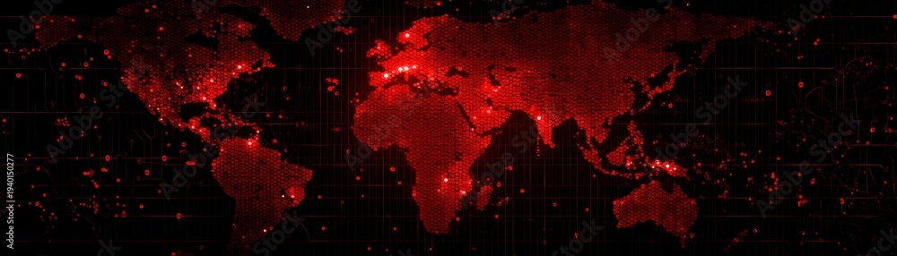 World war map, a digital red world map with glowing dots and grid lines ...