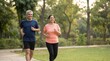 © Someone Cooked Here - indian senior couple jogging side by side in park showing active retirement healthy lifestyle and outdoor exercise concept