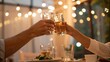 © adaptable_ Lark98A1 - Two people clinking glasses in a toast during a cozy, warmly lit dinner setting with blurred string lights in the background.