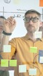© volha_r - Business team collaborating on a project, using a glass board with sticky notes and marker to brainstorm ideas and develop a strategic plan in office space