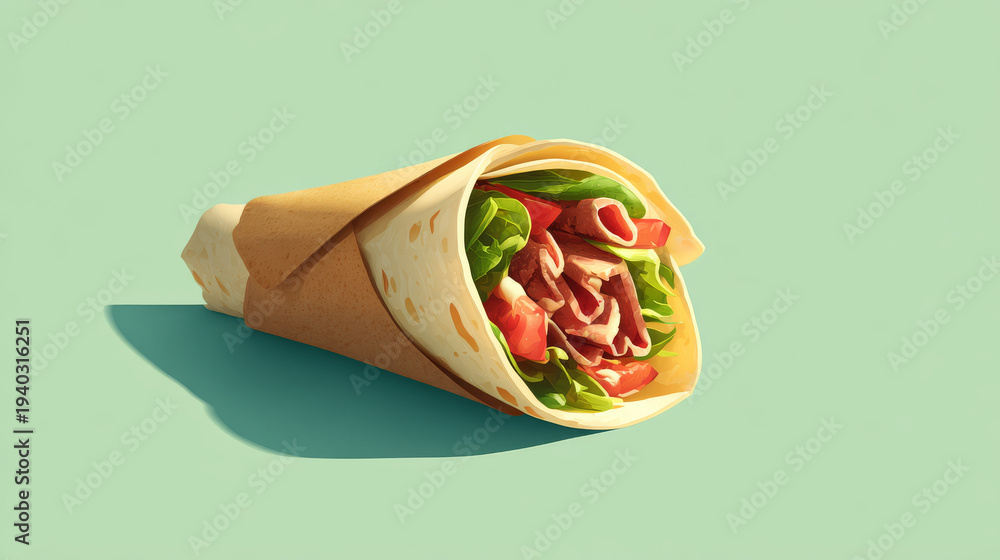 Shawarma wrap with seasoned beef on solid color background with hard ...