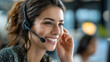 © Laura - Happy call center assistant wearing a headset in a bright professional environment, cut-out style, customer support concept, isolated portrait, with copy space