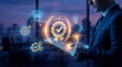 © Vactzone - Business professional interacting with digital quality certification badge, approval interface, representing trust, compliance verification, new performance standards