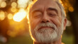 © Евгений Архипов - Close-up of an elderly man with warm wrinkles and silver beard, eyes closed in peaceful joy, soft golden sunset light touching his face, calm park environment softly blurred, emoti