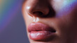 © Curioso.Photography - Close-up of glossy lips illuminated by colorful rainbow prism light on a woman's face.