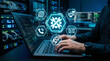 © daniy - Technician working on laptop with glowing tech icons for support and maintenance