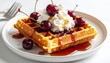 © ruangrit19 - Delicious Waffle with Whipped Cream Cherries and Syrup on White Plate Ready to Eat Close Up Shot.