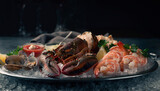 Fresh seafood platter with lobster, shrimp, and clams on ice with sauce