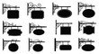 © FAM - A collection of ornate black sign brackets with blank signboards presented in a grid layout silhouette high quality professional detailed modern