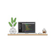 © kiemie - Desk setup with laptop showing code, coffee cup, and plant