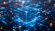 © Chinnawat - Futuristic glowing blue digital cube on a circuit board background, concept of quantum computing, blockchain, and big data processing.