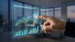 © Xaynart - Hand interacting with futuristic digital real estate market analysis graphs in a modern office environment from a close-up viewpoint