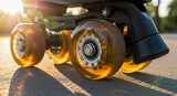 Close up view of roller skating wheels on an urban street, illuminated by golden sunlight. Roller skating experience features translucent amber wheels rolling smoothly on pavement.