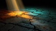 © bejo - Illuminated beams of light fall across a deeply cracked and barren ground surface