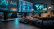 © solom - professional data analyst working on triple monitor setup with financial charts global maps and computer code for cybersecurity and big data management in dark office interior