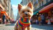 © miss irine - Small yorkshire terrier dog wearing colorful striped sweater walks on cobblestone city street. People and shops form a blurred background. Sunny day outdoor pet adventure.