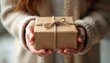 © Vadym - Woman holds small brown paper gift box tied with twine. Offering present, receiving surprise, sharing joy. Cozy sweater comfort, thoughtfulness, anticipation of opening parcel.
